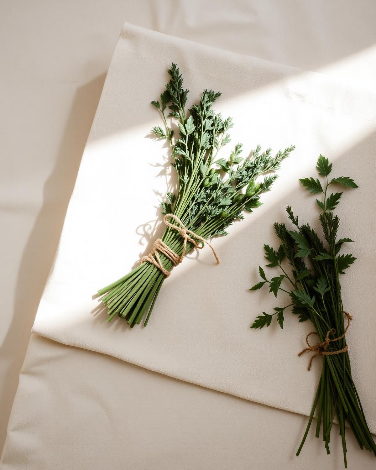 Maços de ervas verdes amarrados com barbante sobre tecido natural